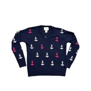 NWOT CYNTHIA ROWLEY Anchor Print 100% 2-ply Cashmere Sweater Navy blue Size S
